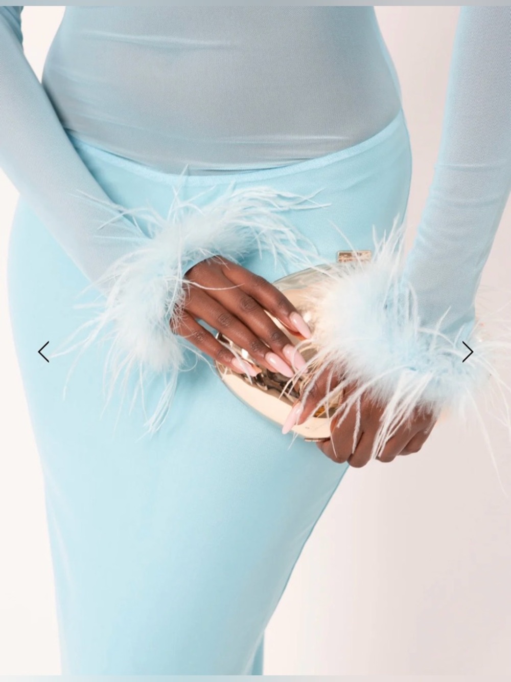 Light Blue Off-Shoulder Feather Cuff Maxi Dress - Picture 4 of 7